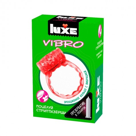 Розовое эрекционное виброкольцо Luxe VIBRO "Поцелуй стриптизёрши" + презерватив