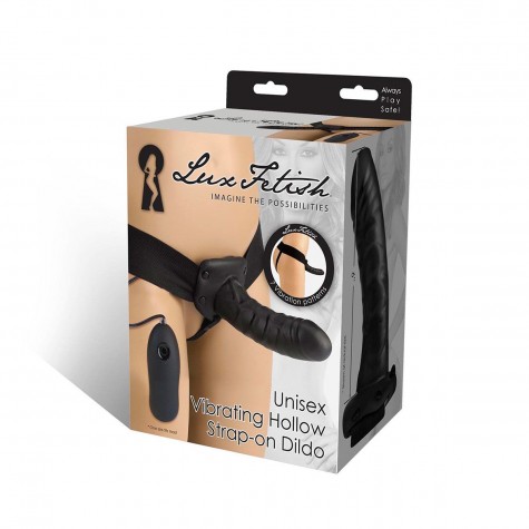 Чёрный полый страпон с вибрацией Unisex Vibrating Hollow Strap-On - 14 см.